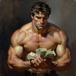 A muscular male holding a stack of money, oil on canvas by Frank Frazetta, digital art, Mandy Jurgens, WLOP, CGSociety