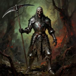 cinematic colorful horror artwork by jean delville, beksinski, bernie wrightson ; full body shot of an ancient wright knight wearing old ragged clothe armor, ghastly, wielding scythe, full body concept, haunting, brutal scary terrifying, 8 k hdr, creepy intricate ; dramatic lighting, insanely detailed