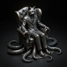 isometric view iron statue - cat lap on howard phillips lovecraft dressed suit sit in tall leather armchair pet, big tentacle as circle lie on floor, and wall darkness, cast iron material, black background, octane render, backlight, highly detailed intricate matte sharp focus digital painting artstation pixiv