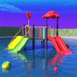 80s VHS vaporwave outrun 3d Render of a flooded german playground, liminal space retro, grainy, noisy