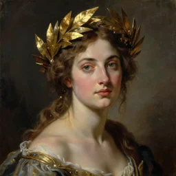 portrait of a woman wearing an ornate golden laurel leaf crown, by jacques - louis david by mattias adolfsson, by moebius, by dan mumford trending on artstation, featured on pixiv, masterpiece, oil on canvas, cinematic composition, dynamic beautiful lighting,
