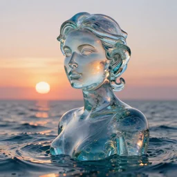 alluring portrait woman made of glass emerging out of the ocean at sunset, realistic reflections, translucency, ray tracing, 3 - d render, intricate details, masterpiece, style of timothy hogan