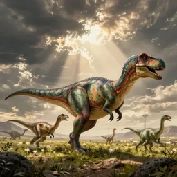 illustration of dinosaurs if they had evolved millions of years like humans
