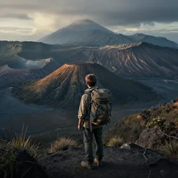 a boy with a backpack!!!, beautiful volcanic landscape, dramatic lighting, cinematic, establishing shot, extremly high detail, photorealistic, cinematic lighting, post processed, concept art, artstation, matte painting, style by greg rutkowsky