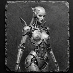 a slate and graphite render of a cyborg machina - nymphette, partially human ai ; portrait by tony diterlizzi and h. r giger, ilford hp 5, 5 5 mm, hyper realistic, hyper - mechanistic by artgerm, unreal 5, gothcore, disturbia, joseph christian leyendecker, tim burton, carlo carra