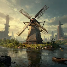 cyberpunk style windmill in the middle of the old and dirty river : : sci - fi, gorgeous lighting, highly detailed : : by zdzisław beksinski and norman rockwell and greg rutkowski : : weta studio, and lucasfilm