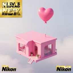 a 5 0 mm lens photograph taken from an angle of a cute pink floating modern house, floating up by a singular heart shaped vibrant tiny ballon from above the house, inspired by the movie up. mist, playful composition canon, nikon, award winning, photo of the year