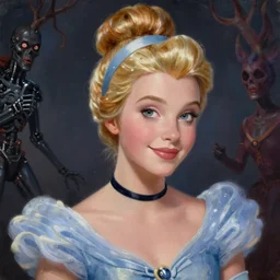 realistic portrait charming beautiful painting from Cinderella film scene, when Cinderella become Terminator T1000. Horror, created by Raffaello Sanzi.