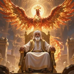 arabian hasan - i sabbah old man clear face on throne chair rising as a phenix + epic wide scene, cinematic lighting, artgerm, artstation, deviantart, 8 k, high detailed