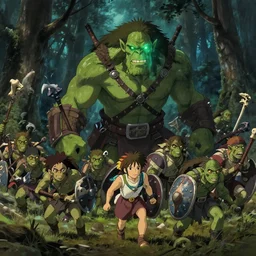 a ultra detail picture portrait of A horde of orcs shamble through a dark forest, their eyes glowing with a sinister light. In their hands, they carry crude weapons and shields, carved from the bones of their enemies. Leading them is a massive, green-skinned orc with a wild mane of hair. He strides forward with purpose, his eyes ablaze with mystical power. vivid tones, wide angle, by miyazaki, nausicaa ghibli, breath of the wild, 8k, photorealistic,