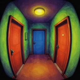 a colorful dimly lit, theater access corridor, 3 doors, 1 staircase, day of the tentacle style, fish eye, drawn by Scott C