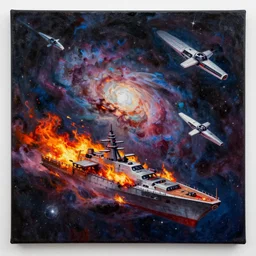 Attack ships on fire off the shoulder of Orion by Stewart Cowley, starships, nebula, concept art, trending in artstation, 8k, oil on canvas