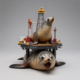 diorama of a toxic oil rig mounted on the head of a anguished south american fur seal, by martine johanna, hikari shimoda, ambient lighting, highly detailed, doll house, model, zoom out, sharp focus