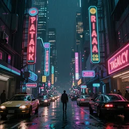 a cinematic movie scene, 1 8 mm wide shot, street view of a cyberpunk asian city with english and tagalog neon signs by ridley scott and denis villeneuve, futuristic vehicles, futurisic people, techno noir, dark, rain, volumetric lighting, hyper detailed, digital art, trending in artstation, cinematic lighting, studio quality,