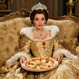 a photo of young sophia loren, dressed as a queen, relaxing with a pizza on antique luxury sofa, wearing tiara, pearl necklace, opulent royal gown, beautiful, stunning, golden lighting, exquisit details, masterpiece, burlesque photo by letizia battaglia
