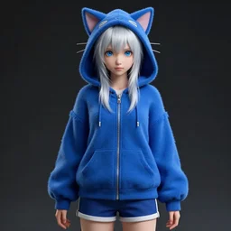 hyper - realistic + photorealistic render with very extreme intricate details, of a girl!!! wearing a blue cat hoodieand blue shorts, blue eyes and white hair, in the style of final + fantasy 1 5, digital game - art by ross tran, movie composition by sana takeda, dramatic cinematic lighting by greg rutkowski
