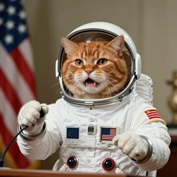 1 9 9 0's color photo of angry ginger cat in spacesuit giving public speech