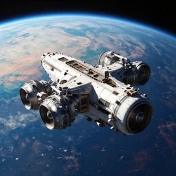 no mans sky spaceship, detailed engines, orbit above colorful planet surface, cinematic lighting, photorealistic, space photography, octane render by tomino - sama