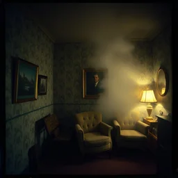 kodak portra 4 0 0, wetplate, fisheye, award - winning portrait photo by britt marling, 1 9 2 0 s room, picture frames, a cloud, dust, 1 9 2 0 s furniture, wallpaper, carpet, shining lamp, muted colours, wood, fog,