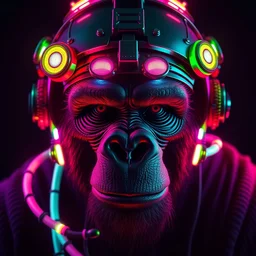 movie poster of a realistic ape head with a steampunk space helmet with multicolored glowing gears and tubes and cables, crisp, trippy, fluorescent colors, insanely detailed, 3 d render, front shot, 3 5 mm