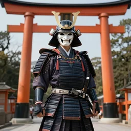 a godlike and indomitable masked and helmeted samurai standing before a Torii gate with pride, the rising sun in the background. Photo realistic. Award winning. Ayahuasca, vibrant colors