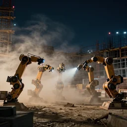 group of robots working at construction site. there is dust blowing all around, dramatic lighting, night, long shot, cinematic