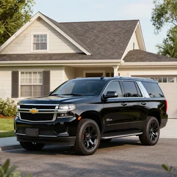 a black suv inspired by a 2 0 2 2 chevrolet suburban and 2 0 2 2 ford expedition parked in front of a house, a digital rendering by the family circus, trending on cg society, regionalism, ue 5, rendered in unreal engine, ultrafine detail