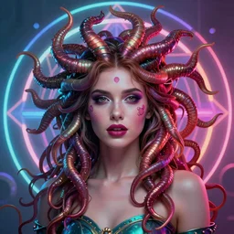 photo of surreal young Kate Bush as medusa gorgo in vibrant lighting, elegant, highly detailed, smooth, sharp focus, trippy, dmt, psychedelic, illustration, beautiful, geometric, trending on artstation, cinematic, artwork by WLOP