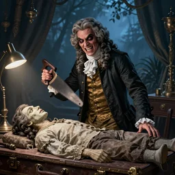 18 century doctor, male, elegant, in suitcase, digital fantasy art, evil eyes, insane, behind table with corpse, with saw in hand, under light, at late evening by greg rutkowski and thomas kinkade, Trending on artstation