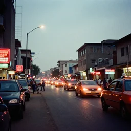 cinestill 8 0 0 t photograph of a neon lit - lagos urban street - in nigeria - with hovering vehicles,