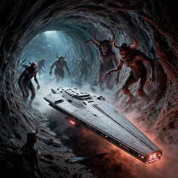a sentient starship followed by demons emerging from a wormhole to hell, intricate detail, classic sci fi film, lipkin, whealan,