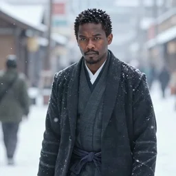 a film still of a black man in the snow starring in a japanese blockbuster film as yoshimitsu, shallow depth of field, cinematic, award winning cgi, vfx, film still