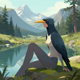 humanoid bird woman, sitting at a pond, mountainous area, trees in the background, digital art