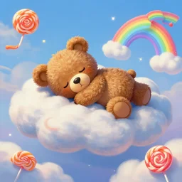 a storybook of a teddy bear sleeping in the clouds, a storybook illustration by RHADS and Pu Hua, candy and rainbows, trending on cgsociety, pop surrealism, official art, detailed painting, artstation hd