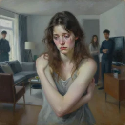 a portrait of a sad woman inside a modern apartment, intricate oil painting, hyperdetailed, ethereal, cinematic, dramatic lighting, by jeremy mann and ruan jia and ilya kuvshinov