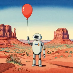 A robot holding a balloon in monument valley, japanese woodblock print