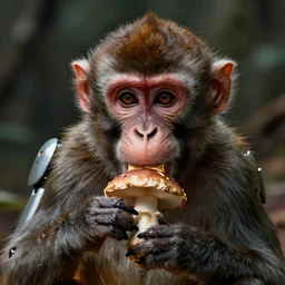 robot robot monkey monkey eating eating mushroom mushroom, digital painting, concept art, 4k, realistic, realistic face, stunning, beautiful, detailed render, masterpiece, dramatic, film, cinematic