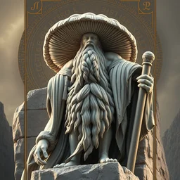 a masterpiece hyperdetailed dnd tarot card full body portrait, magnificent mushroom deity as depicted in a colossal marble statue ( with godlike bodybuilder physique ) made by ancient greeks, hd tarot card depicting monumental statue of a dignified mushroom god with cute large mushroom hat, golden norse runes in the background, hdr, 8 k, artstationhq, digital art