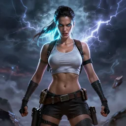 an extremely aggressive android Lara Croft, glowing long hair, thunder clouds, painted by Peter Andrew Jones