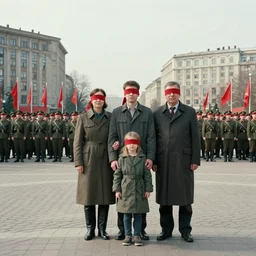 cinematic artwork of a family standing blindfolded in a town square as soviet soldiers behind them watch on, red flags, brutalist buildings by greg rutowski, 4 k, masterpiece