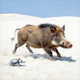 peter elson painting of a primitive wild pig chasing a robot mouse in the white desert