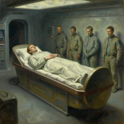 sci - fi sarcophagus, statis chamber, sleeping crew, dystopian, pj crook, edward hopper, oil on canvas