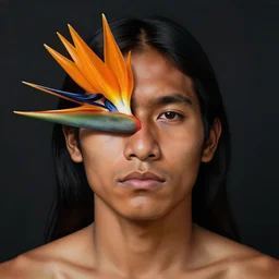 a male tupi guarani warrior portrait with bird of paradise flower covering his eye, art by marco mazzoni, dark background, asymmetrical
