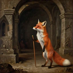 an anthropomorphic Fox explores a Dungeon, Renaissance Painting