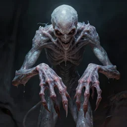 creepy pale moster with incredibly long fingers, very long arms, translucent slimy skin, wet, veiny, character concept art, dramatic lighting, highly stylized, trending on artstation