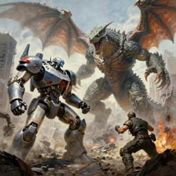 an incredible fantastical painting of an epic battle : robot vs kaiju! large robotic mech piloted by a human pilot vs titanic creature monster scaly lizard like with wings and tentacles and a monster. a battle in the middle of a city | city destroyed | big fight sci fi horror action fantasy kaiju | by greg rutkowski and greg staples with james gurney | hyperrealism