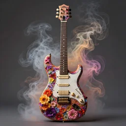 high intricate detailed abstract photo of a prs electric guitar covered in flowers and psychedelic smoke, golden ratio, rule of thirds, elegant, by lea leonowicz, by maks trofimov, by jenny brozek, by johannes wessmark