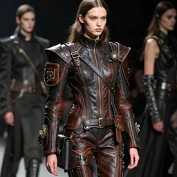a young woman wearing a leather outfit with straps and padding and satchels and bags and holsters and decorations,!!! haute couture!!!, elaborate, intricate, in the style of craig mullins and jeremy mann and ashley wood, dramatic lighting, octane render, fashion shoot, sharp focus