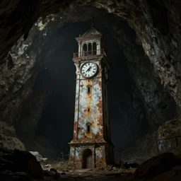 an abandoned old rusty clocktower in a dark enormous cave, Low level light , digital art, unreal engine, trending on artstation, 4K UHD image