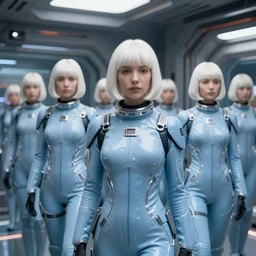 troop of cloned women with white bob hairdos, tight light blue space trooper suits, futuristic cloning facility, sci - fi, highly detailed, cinematic
